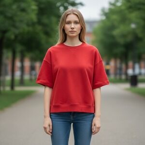 Womens Hudson Los Angeles Short Sleeve Red‎ Raw Hem Distressed Crewneck $115 Tag